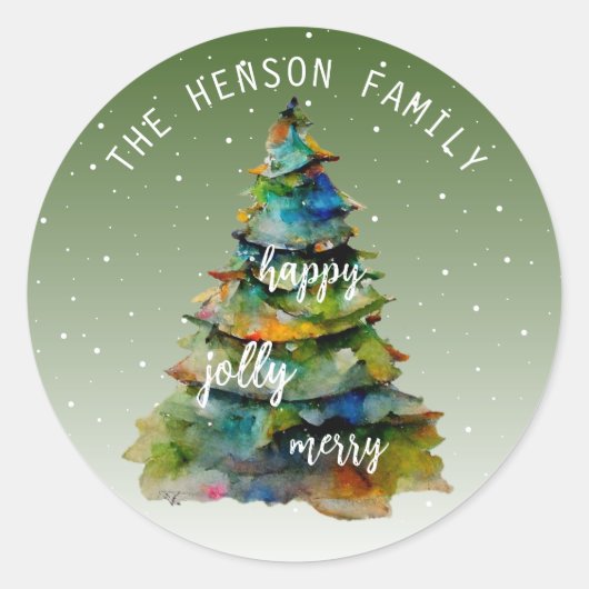 Waterverf kerstbomen Merry Jolly Happy Ronde Sticker (Voorkant)