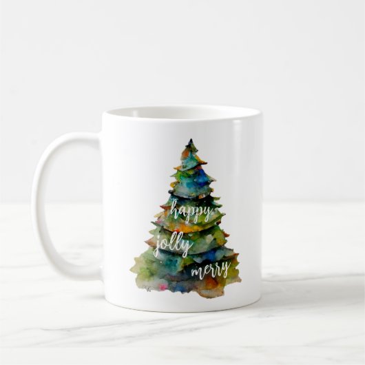 Waterverf kerstbomen Merry Jolly Happy Script Koffiemok (Links)