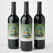 Waterverf kerstbomen Merry Jolly Happy Wijn Etiket (Flessen)