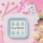 Waterverf kerstbomen met blauw speldenplein papieren bordje (Feest)