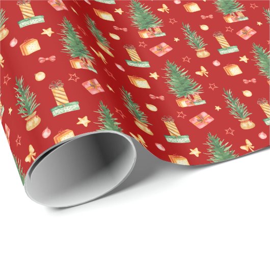 Waterverf kerstbomen met Cadeaus rood Cadeaupapier (Rol Hoek)