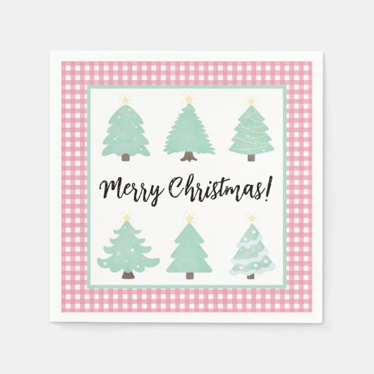 Waterverf kerstbomen met roze bonnen servet (Voorkant)