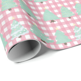 Waterverf kerstbomen met roze rand cadeaupapier
