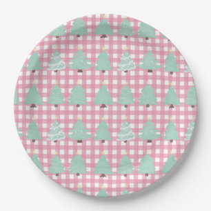 Waterverf kerstbomen met roze rand papieren bordje
