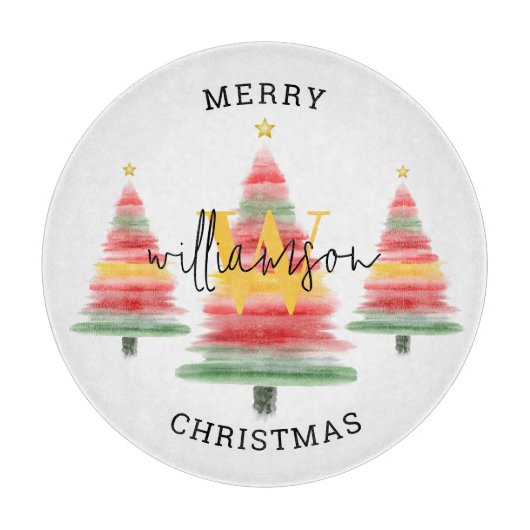 Waterverf Kerstbomen Monogram Snijplank (Voorkant)