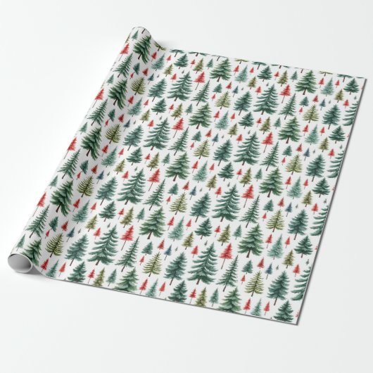 Waterverf kerstbomen op wit cadeaupapier (Uitgerold)