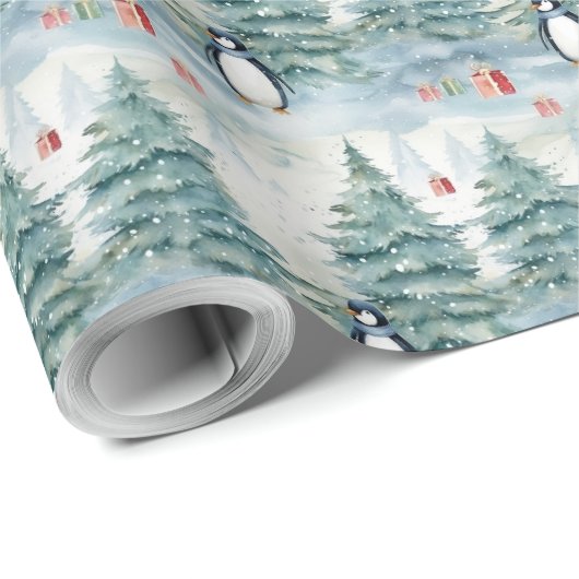 Waterverf kerstbomen pinguïns en cadeaus cadeaupapier (Rol Hoek)