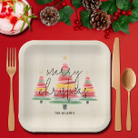 Waterverf kerstbomen plein papieren bordje<br><div class="desc">Mooie waterverf kerstbomen met een gouden ster op ivoren strepen accentueren deze vierkante papieren borden met vrolijk kerstfeest en je familienaam in chique belettering. OVEREENKOMENDE objecten in ons collectie.</div>