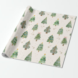 Waterverf Kerstbomen Sneeuwvlokken Vakantie Cadeaupapier