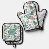 Waterverf kerstbomen, snoepstokken ovenwant & pannenlap set (Voorkant / Achterkant)