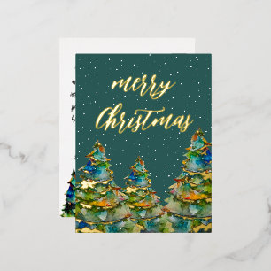Waterverf kerstbomen Snowflakes Green Gold Folie Feestdagen Briefkaart