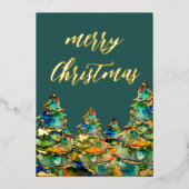 Waterverf kerstbomen Snowflakes Green Gold Folie Feestdagenkaart (Voorkant)