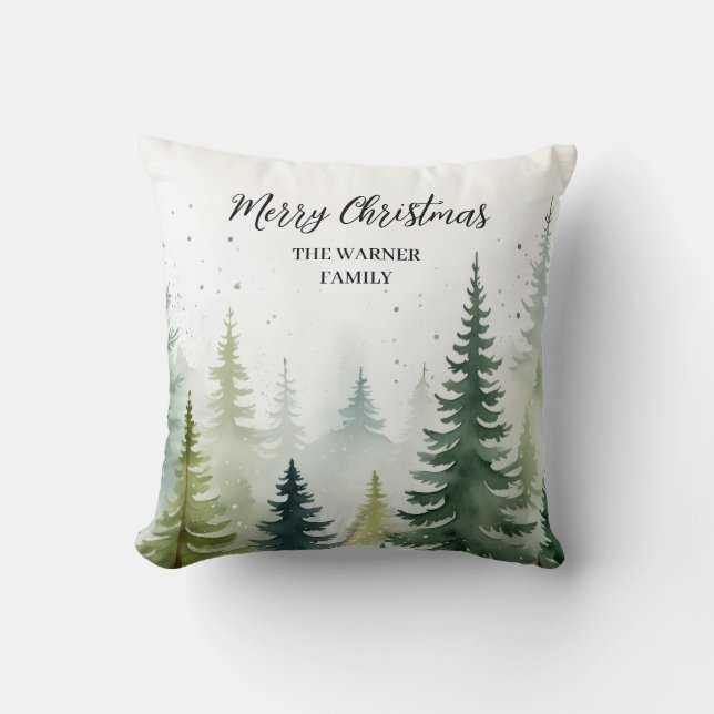 Waterverf Kerstbomen Snowy Winter Kussen (Voorkant)