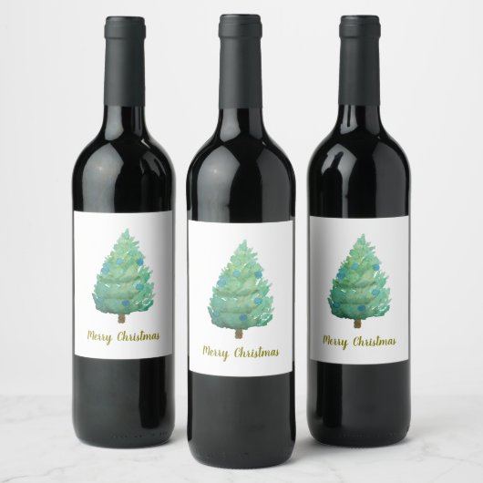 Waterverf kerstbomen wijn etiket (Flessen)