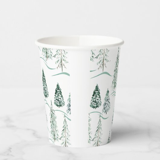 Waterverf kerstbomen. Winterbos.  Papieren Bekers (Links)
