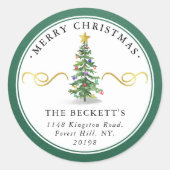 Waterverf kerstboom Aangepast retouradres Ronde Sticker (Voorkant)