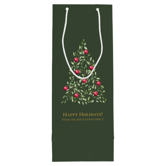 Waterverf kerstboom aangepaste familienaam wijn cadeautas (Achterkant)