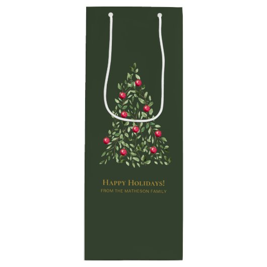 Waterverf kerstboom aangepaste familienaam wijn cadeautas (Voorkant)