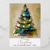 Waterverf kerstboom artistieke goudolie-Kaart Folie Uitnodiging (Voorkant)