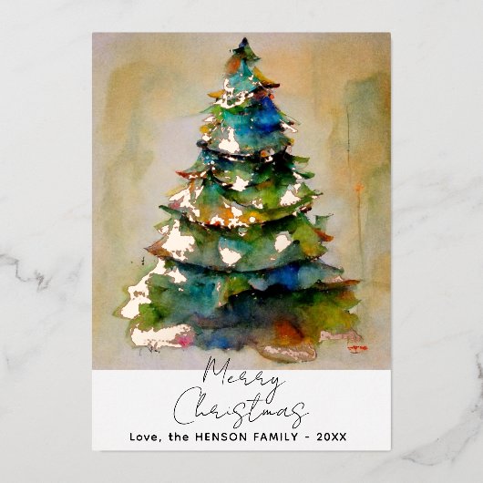 Waterverf kerstboom artistieke goudolie-Kaart Folie Uitnodiging (Voorkant)