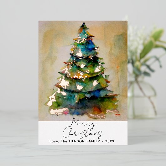 Waterverf kerstboom artistieke goudolie-Kaart Folie Uitnodiging (Staand Voorkant)