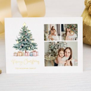 Waterverf Kerstboom Calligrafie Drie Foto's Folie Feestdagenkaart