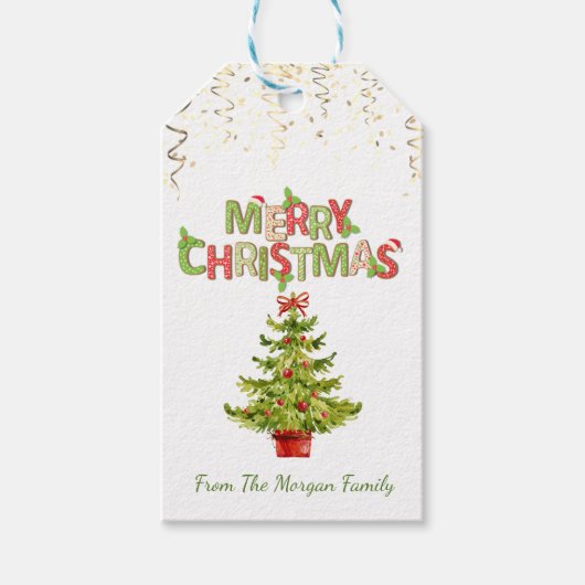 Waterverf Kerstboom,Confetti,Prettig Kerstfeest Cadeaulabel (Voorkant)