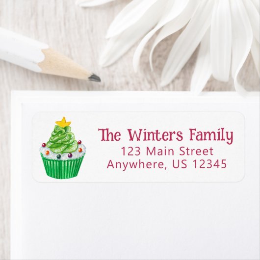Waterverf kerstboom cupcake retouradres etiket (Insitu)
