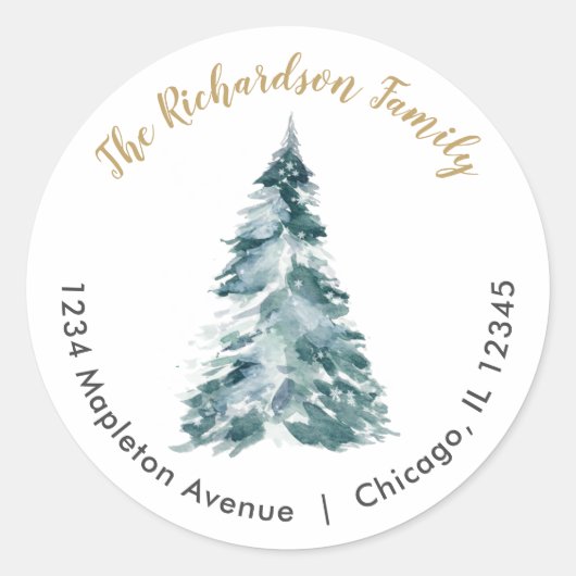 Waterverf kerstboom elegant retouradres ronde sticker (Voorkant)