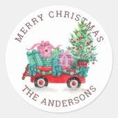 Waterverf kerstboom en doos winter feestdagen ronde sticker (Voorkant)