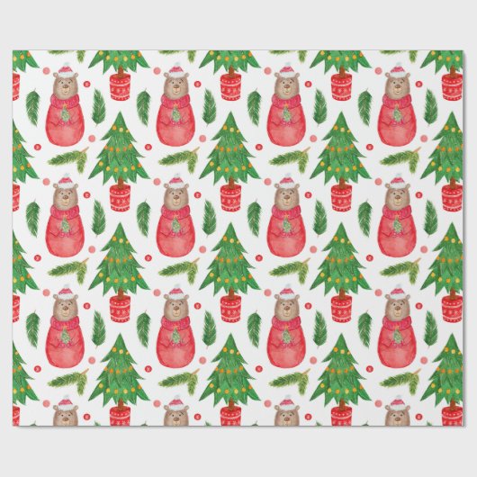 Waterverf kerstboom en teddybeer cadeaupapier (Vlak)