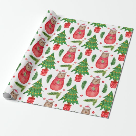 Waterverf kerstboom en teddybeer cadeaupapier (Uitgerold)