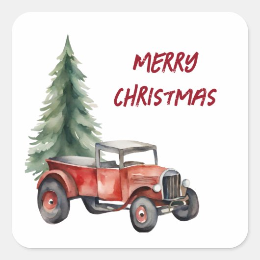 Waterverf Kerstboom en  Vrachtwagen Vierkante Sticker (Voorkant)