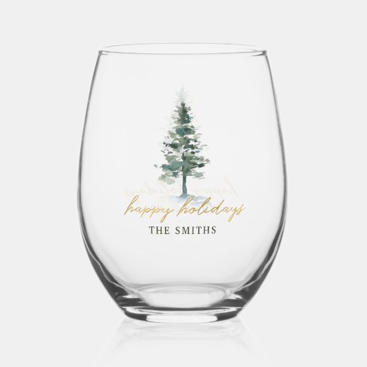 Waterverf Kerstboom Familienaam Vakantie Wijnglas Zonder Voet (Voorkant)