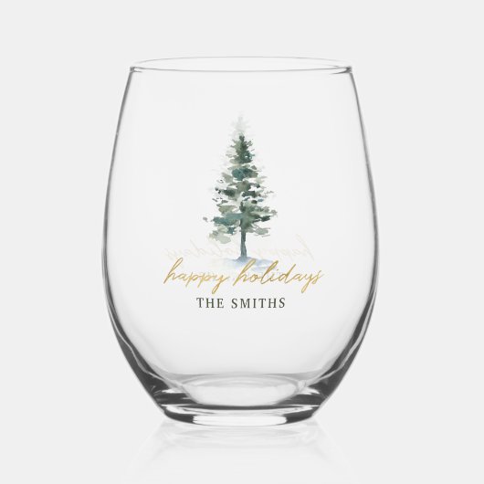 Waterverf Kerstboom Familienaam Vakantie Wijnglas Zonder Voet (Achterkant)