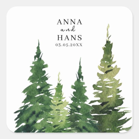 Waterverf kerstboom feestelijke bruiloft vierkante sticker (Voorkant)
