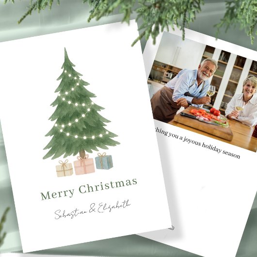 Waterverf kerstboom foto gepersonaliseerd feestdagenkaart