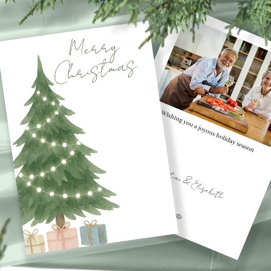 Waterverf kerstboom foto gepersonaliseerd feestdagenkaart