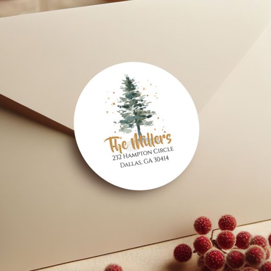 Waterverf kerstboom Gold Return-adres Ronde Sticker