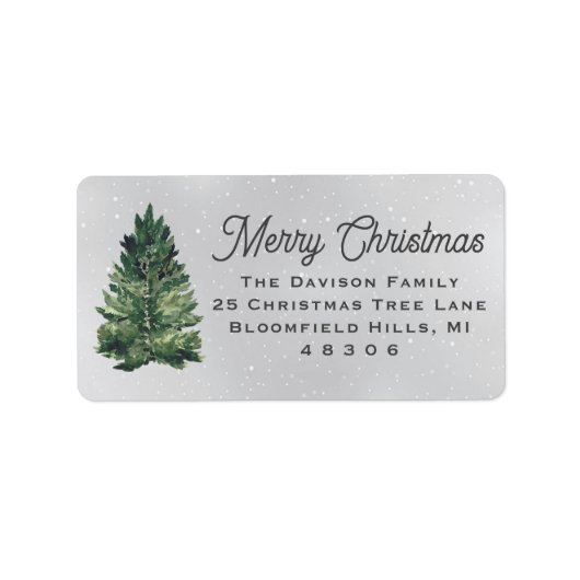 Waterverf kerstboom grijs retouradres etiket (Voorkant)