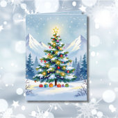 Waterverf kerstboom in de bergen Foto Feestdagen Kaart