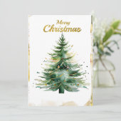 Waterverf kerstboom in goud en groen feestdagenkaart (Staand voorkant)