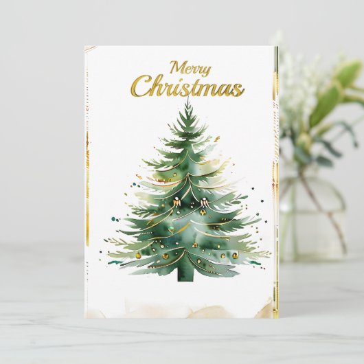 Waterverf kerstboom in goud en groen feestdagenkaart (Staand voorkant)