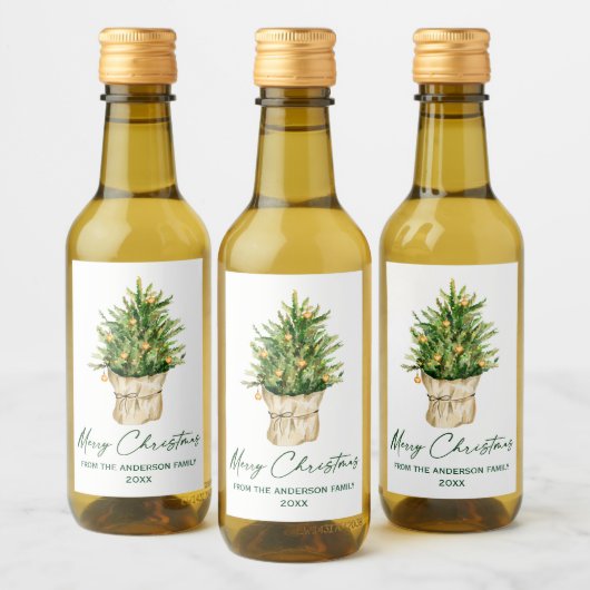 Waterverf kerstboom kalligrafie inkt mini wijn etiket (Flessen)