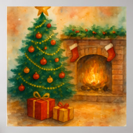 Waterverf Kerstboom & Koele Haard Oud en Nieuw Poster