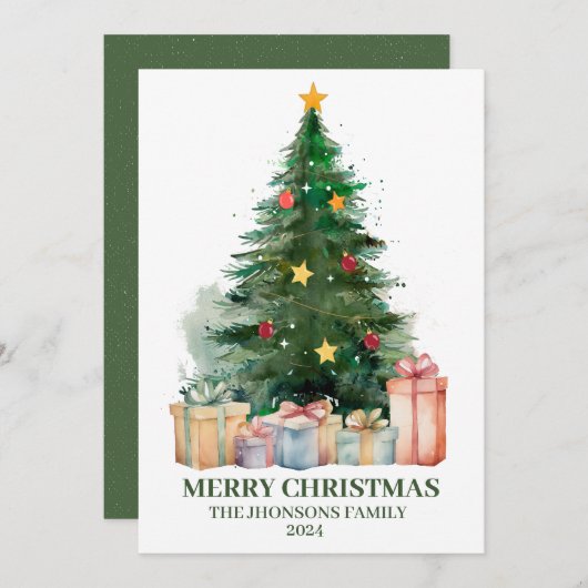 Waterverf kerstboom met cadeaus feestdagenkaart (Voorkant / Achterkant)