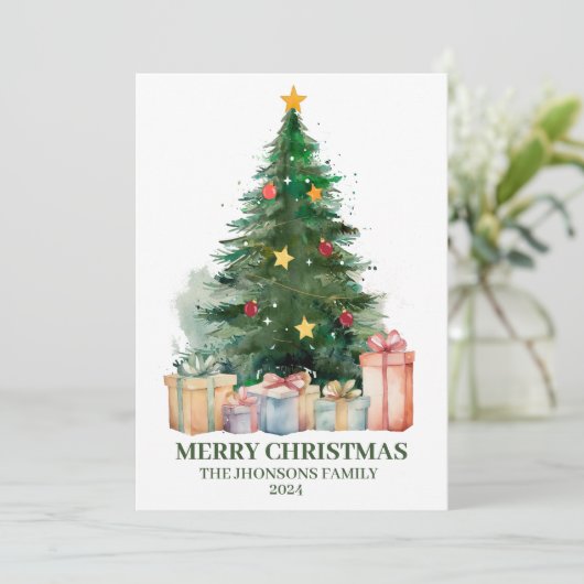 Waterverf kerstboom met cadeaus feestdagenkaart (Staand voorkant)