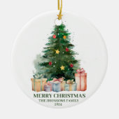 Waterverf kerstboom met cadeaus keramisch ornament (Voorkant)