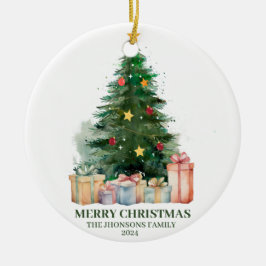 Waterverf kerstboom met cadeaus keramisch ornament