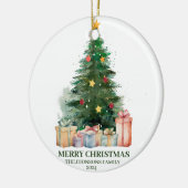 Waterverf kerstboom met cadeaus keramisch ornament (Links)
